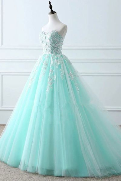 Charming Appliques Green Tulle Long Evening Dress, Elegant Prom Dress M200