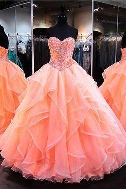 Ball Gown Sweetheart Coral Satin Organza Ruffle Puffy Quinceanera Prom Dress M211