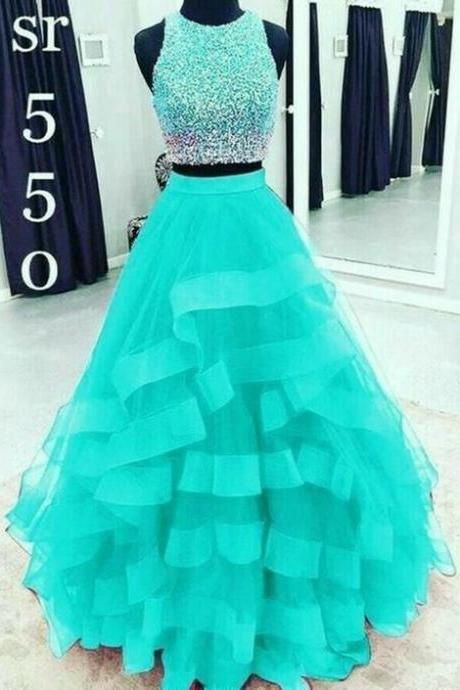 Crop Top Prom Dress Girls 2 Pieces Ombre Beading Formal Gown m215