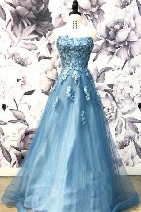 Blue Sweetheart Neck Tulle Applique Long Prom Dress, Blue Evening Dress M218