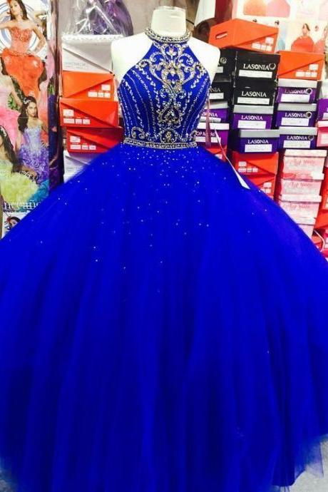 Custom Made Royal Blue Halter Beaded Ball Gown Quinceanera Dresses ,sweet 15 Quinceanera Party Dress M220