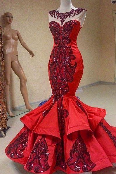 Mermaid Sleveless,embroidery,red,sequine Decor Dress,long Prom Dresses M226