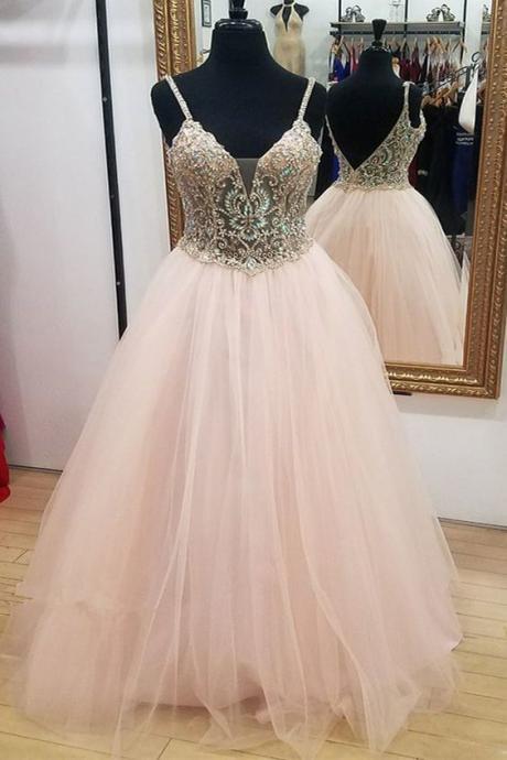 Shinning Pink Tulle V Neck Spaghetti Straps Long Plus Size Prom Dress, Long Party Dress M227