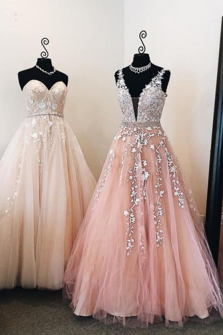 Princess A-line Pink Long Prom Dress With White Lace Appliques M228
