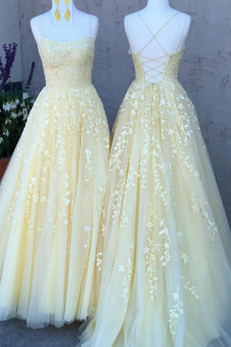 Spaghetti Straps Yellow Lace Prom Dress M232
