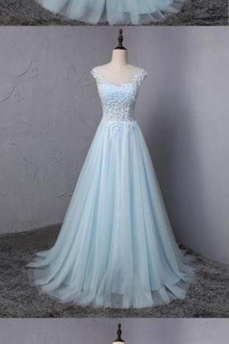 Light Blue Tulle Scoop Neck A-line Long Sweet 16 Prom Dress, Lace Formal Dress M233