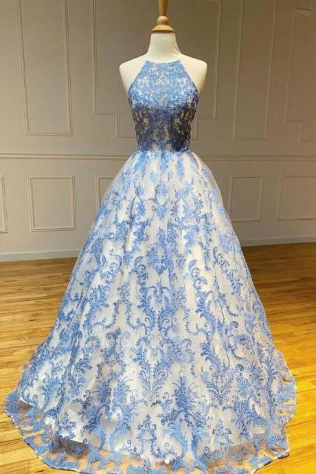 Blue High Neck Tulle Lace Long Prom Dress Blue Lace Evening Dress M234