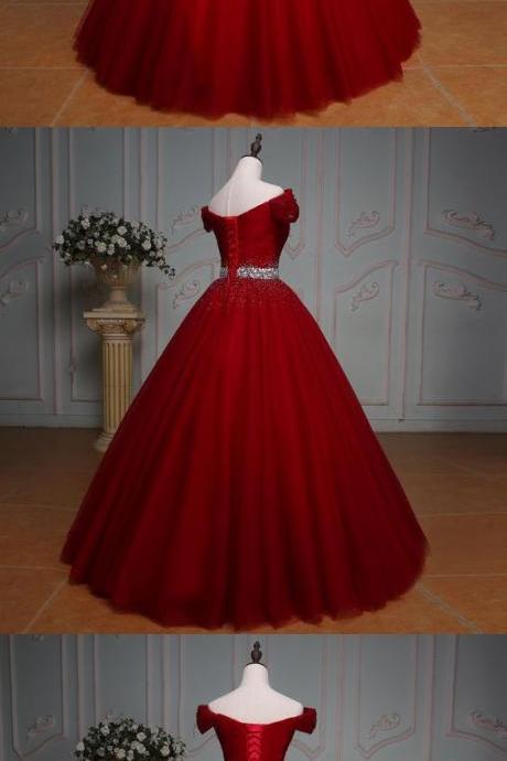 Handsome Red Prom Dress, Off Shoulder Long Ball Gown Party Dress, Evening Dress With Waist Beading M235