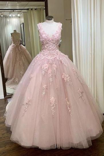 Pink Tulle Customize Long A Line Sweet 16 Prom Dress Formal Dress M241