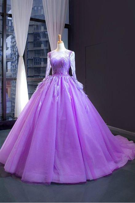 Purple Ball Gown Tulle Long Sleeve Beading Sequins Luxury Prom Dress M242