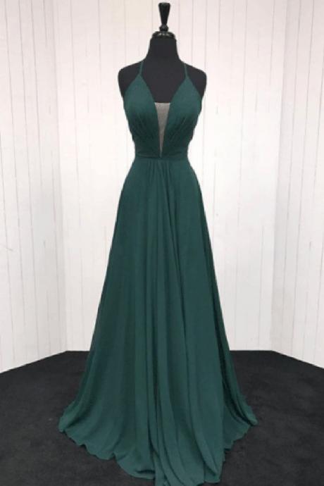 Dark Green Chiffon V Neck Open Back Long A-line Prom Dress, Long Simple Evening Dress M243