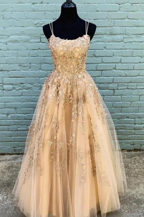 Stylish Champagne Tulle Custom Made Long Senior Prom Dress, Evening Dress With Applique M244