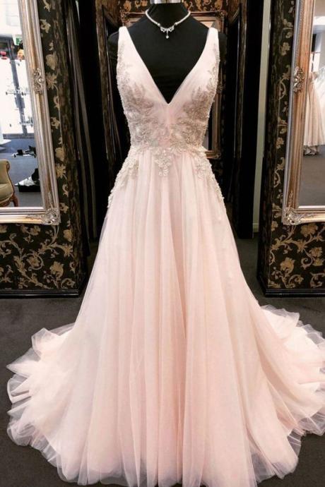 Blush Pink Tulle V Neck Long Sweet 16 Prom Dress With Lace Applique M253