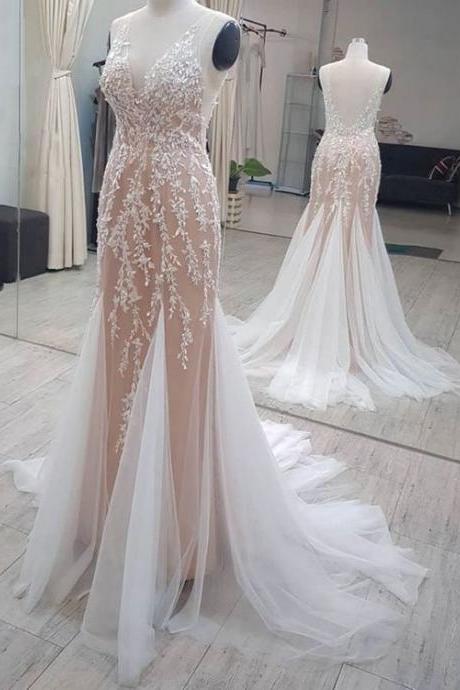 V-neckline Tulle Lace Long Prom Dresses , V-neckline Tulle Lace Long Formal Evening Dresses M256