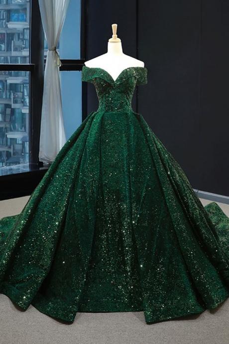 Dark Green Sequins V Neck Sweep Train Formal Prom Dress, Special Occasion Dress M260