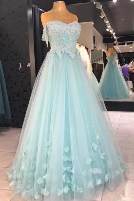 A Line Strapless Floor Length Tulle Prom Dress With Flowers M263