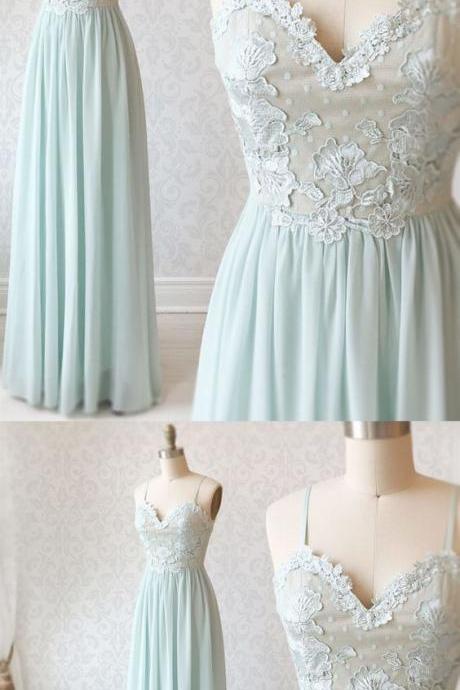 Spaghetti Straps Mint Green Lace Prom Dresses, Mint Green Lace Formal Evening Bridesmaid Dresses M269