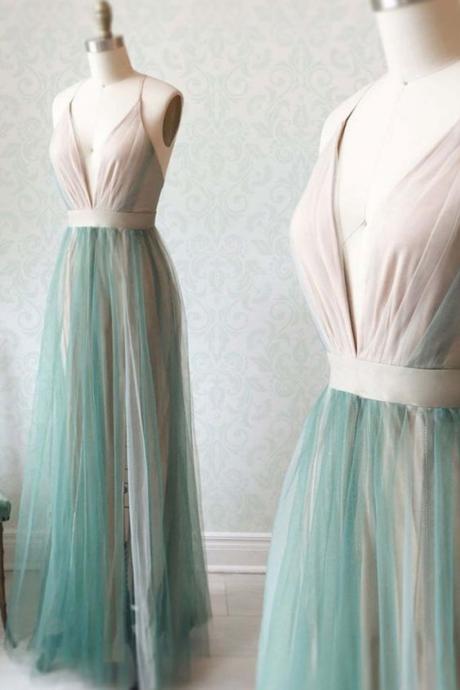 Simple Green Tulle V Neck Long Open Back Prom Dress, Bridesmaid Dress M270