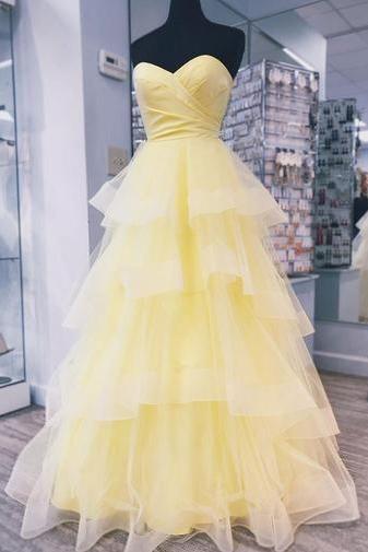 Yellow Tulle Strapless Long Layered Sweet 16 Prom Dress, Evening Dress M271