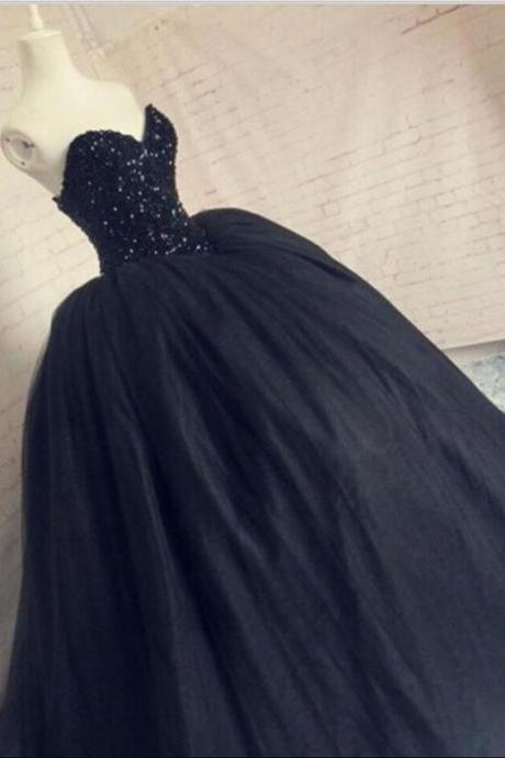 Gorgeous Beaded Black Prom Dress, Sequins Sweetheart Sparkly Corset Puffy Tulle Long Party Gowns, Sweet 16 Gowns M272
