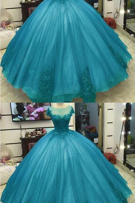 Blue Prom Dresses, Sheer Crew Prom Dresses, Tulle Prom Dresses, Arabic Evening Dress M274
