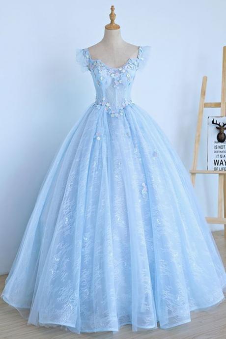 Light Blue Lace Cap Sleeve Long Sweet 16 Prom Dress, Evening Dress M277