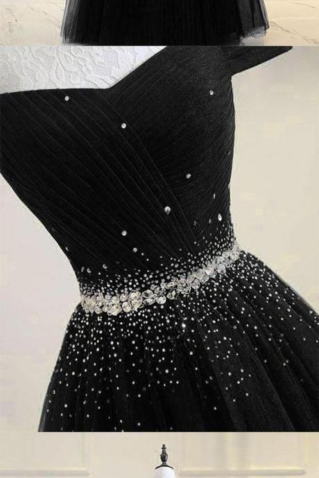Black Tulle Sequin Long Prom Dress, Black Tulle Evening Dress M279