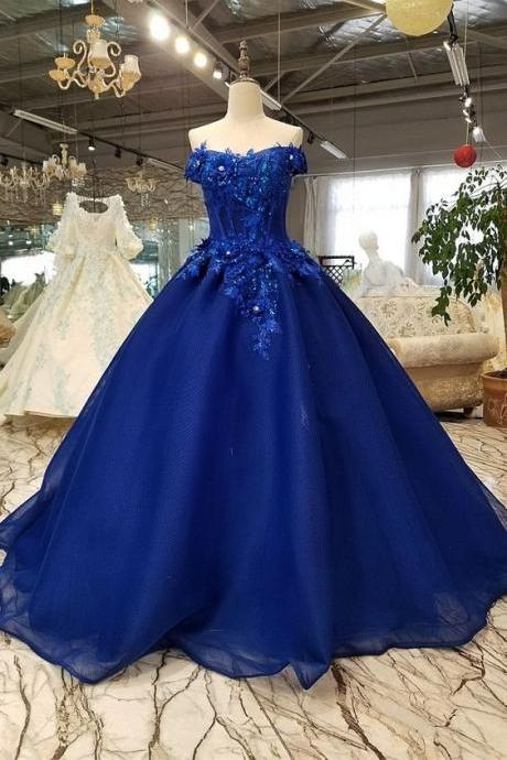 Ball Gown Off The Shoulder Corset Beaded Flowers Lace Royal Blue Wedding Dress M280