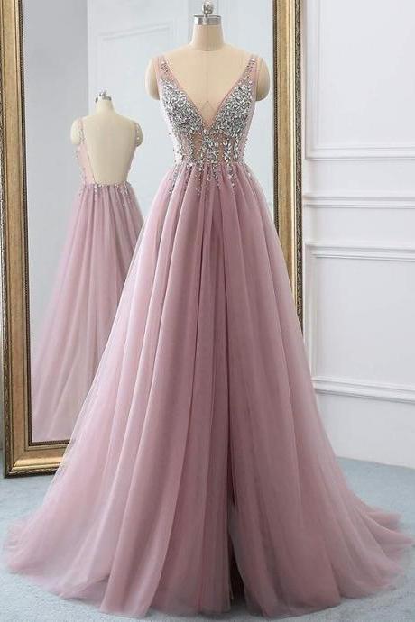 Pink Sleeveless Prom Dress,v-neck Backless Lace Tulle Beaded Long Evening Dress M281