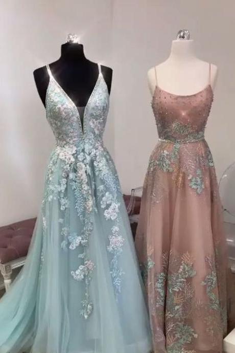 Light Blue Long Prom Dresses, Formal Evening Dresses With Lace M282
