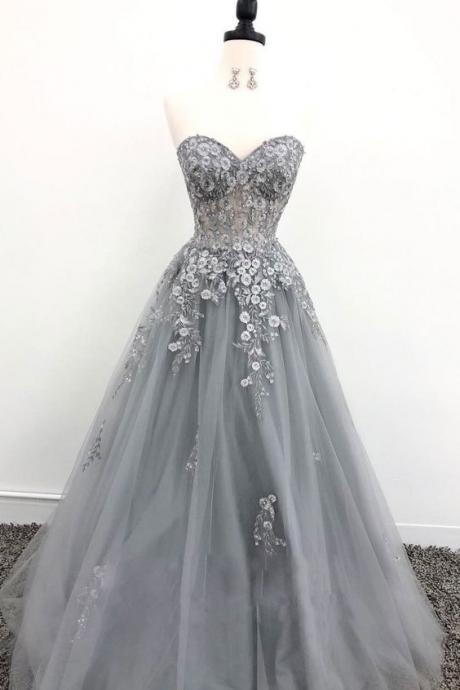 Gray Tulle Lace Long Prom Dress, Gray Evening Dress M283