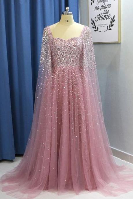 Pink Tulle Open Back Long Sleeve Sequins Evening Dress, Formal Prom Dress M285