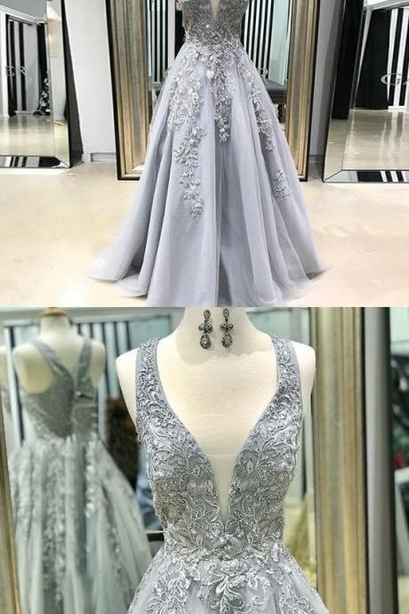 A-line Scoop Floor-length Grey Tulle Prom Dress With Appliques M287