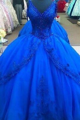 Beaded Royal Blue Ball Gown Quinceanera Dresses Ruffles Princess Sweet 16 Dress M290