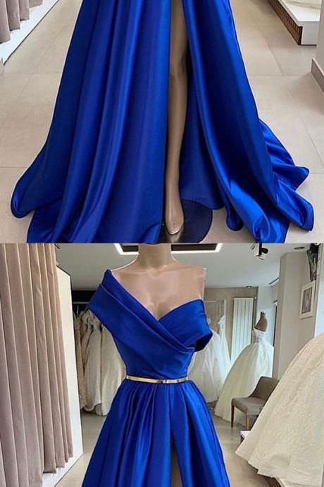 One Shoulder Royal Blue Floor Length Prom Dress With High Slit, Royal Blue Long Formal Evening Dress M292