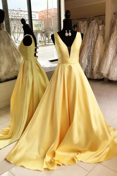 A-line Yellow Floor Length Long Prom Evening Dress M293