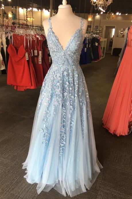 V Neckline Light Blue Long Prom Dress, Princess Prom Dress M303