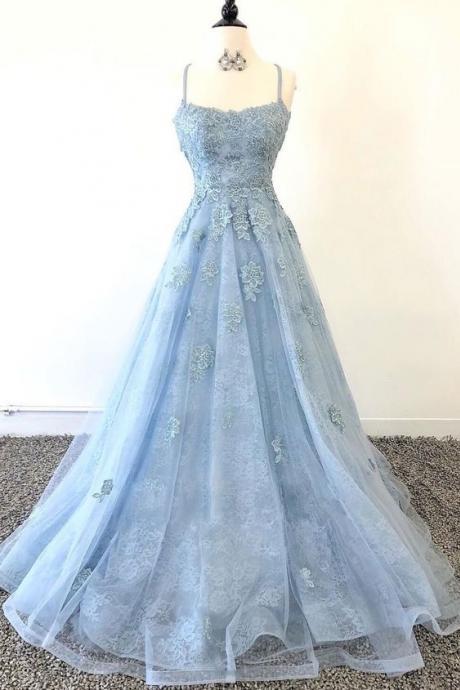 Charming Blue Applique Lace Long Prom Dress,tulle Evening Dress M304
