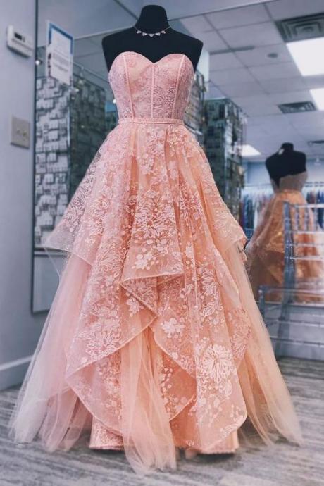 Pink Sweetheart Neck Tulle Lace Long Prom Dress, Pink Evening Dress M305