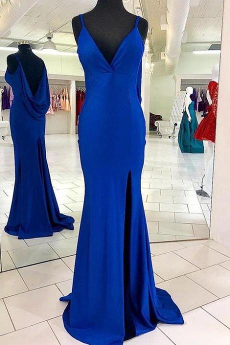 Spaghetti Straps Satin Mermaid Prom Dress, Elegant Blue Simple Formal Dress M306