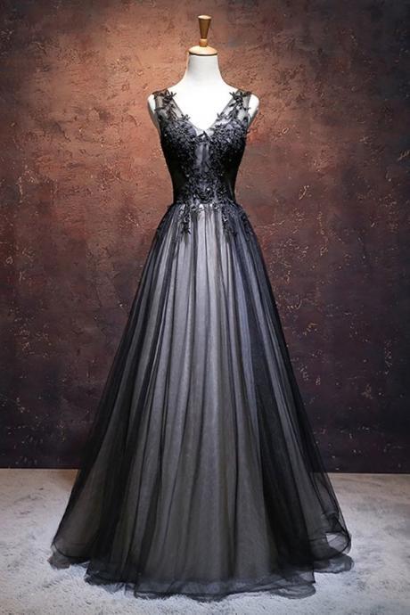 Unique Black Tulle V Neck Long A-line Handmade Senior Prom Dresses M307