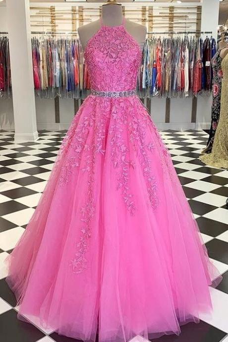 Halter Blush Pink Lace Applique Tulle Prom Dress With Beading Belt M308