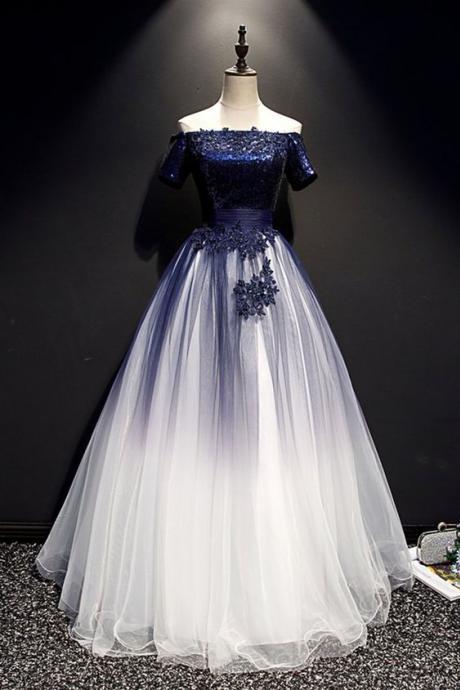 Navy Blue Tulle Lace Strapless Long Customize Prom Dress, Evening Dress M311