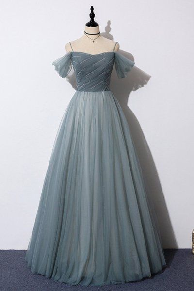 Blue Gray Tulle Sequins Off Shoulder Floor Length Prom Dress, Formal Dress With Sleeve M313