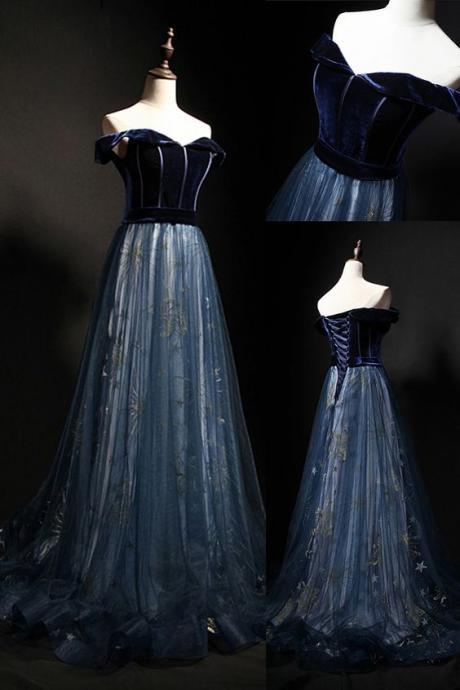 Elegant Off The Shoulder Velvet Floor Length Long Evening Dress Prom Dress M314