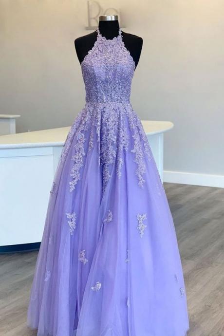 Purple Tulle Long O Neck Strapless Prom Dress, Custom Size Evening Dress M318