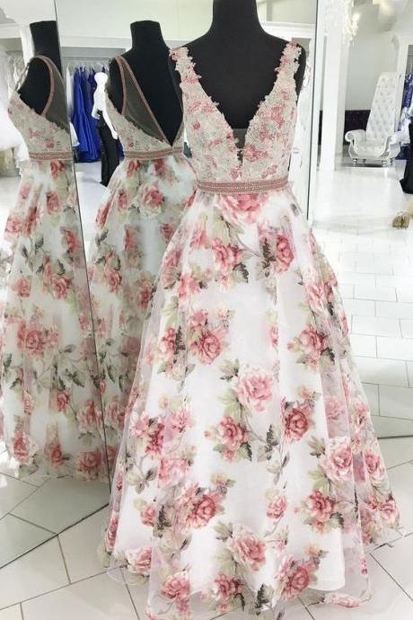 Prom Dress, Sleeveless Party Dress, Floral Print Prom Dress, Beaded Prom Dress, Long Evening Dress, Backless Prom Dress M319