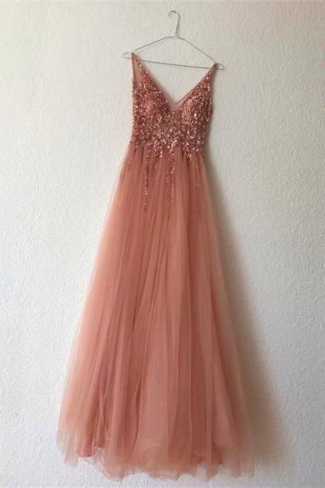 Graduación Flowy Backless Pink V-neck Beading Tulle Open Back Long Prom Dresses M320