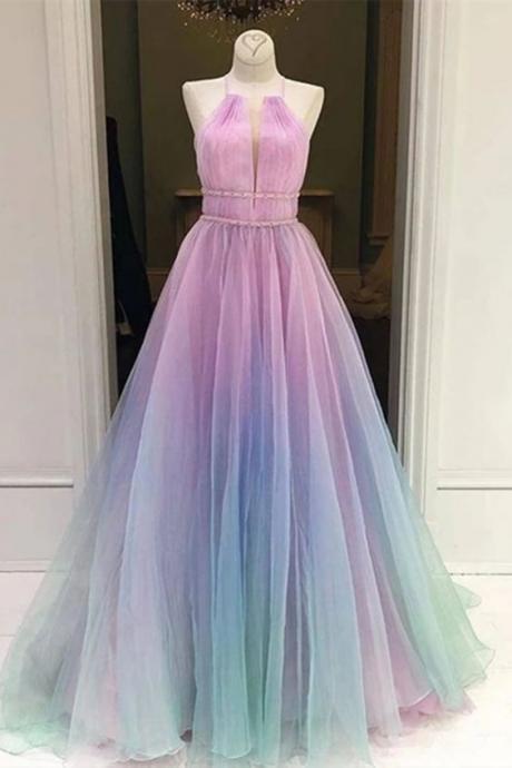 A Line Halter Neck Ombre Long Prom Dresses, Multi Color Ombre Long Formal Evening Dresses M325