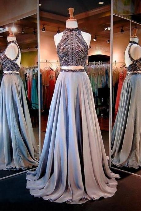 Gray Two Piece Long Prom Dress With Sparkly Beading M326